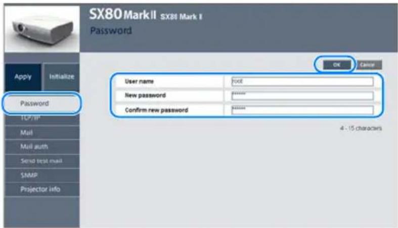 SX80 Mark II SX80 Mark I Password Apply Initialize Password TCP/IP Mail Mail auth Send test mail SNMP Projector info OK Cancel User name FOOT New password Status Confirm new password Status 4 - 15 characters