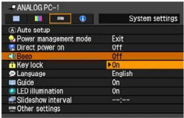 ANALOG PC-1 System settings Auto setup Power management mode Exit Direct power on Off Beep Off Key lock ►On Language English Guide On LED illumination On Slideshow interval --:-- Other settings