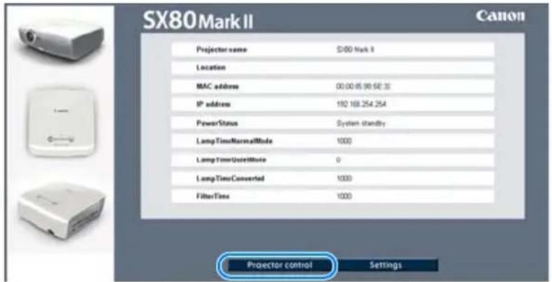 SX80Mark II Canon Projector name S40 Mark II Location MAC address 00.00 05.96 SE 31 IP address 182 168.254.254 PowerStatus System standby Long Time Normal Mode 1000 Long Time User Mode 0 Long Time Converted 1000 Filter Time 1000 Projector control Settings