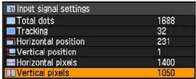 Input signal settings Total dots 1688 Tracking 32 Horizontal position 231 Vertical position 1 Horizontal pixels 1400 Vertical pixels 1050