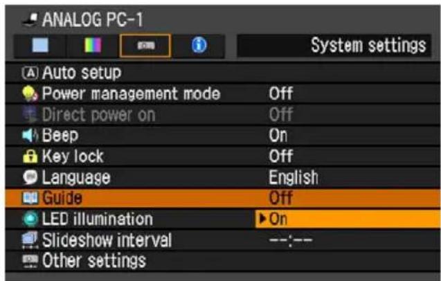 ANALOG PC-1 System settings Auto setup Power management mode Off Direct power on Off Beep On Key lock Off Language English Guide Off LED illumination ▶ On Slideshow interval --:-- Other settings