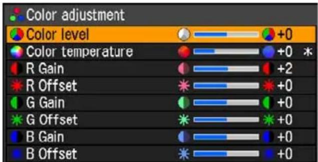 Color adjustment Color level +0 Color temperature +0 * R Gain +2 R Offset +0 G Gain +0 G Offset +0 B Gain +0 B Offset +0