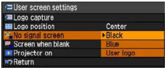 User screen settings Logo capture Logo position Center No signal screen Black Screen when blank Blue Projector on User logo Return