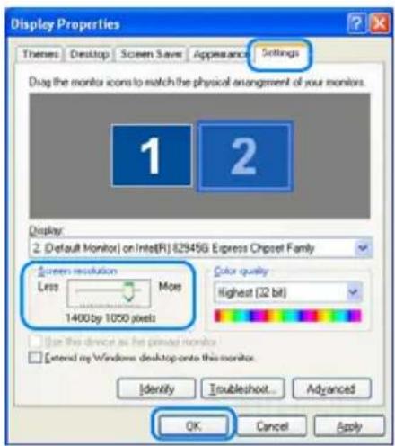 Display Properties Themes Desktop Screen Save Appearance Settings Drag the monitor icons to match the physical arrangement of your monitors. 1 2 Display: 2. Default Monitor on Intel(R) 82945G Express Chipset Family Screen resolution Less More 1400 by 1050 pixels Color quality Highest (32 bit) Use this device as the previous monitor Extend my Windows desktop onto this monitor. Identify Troubleshoot Advanced OK Cancel Apply