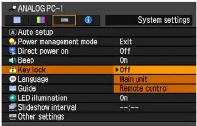 ANALOG PC-1 System settings Auto setup Power management mode Exit Direct power on Off Beep On Key lock ▶ Off Language Main unit Guide Remote control LED illumination On Slideshow interval --;-- Other settings