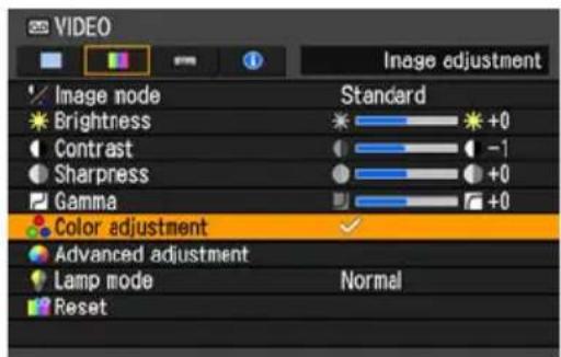 VIDEO Image adjustment Image mode Brightness Contrast Sharpness Gamma Color adjustment Advanced adjustment Lamp mode Reset Standard +0 -1 +0 +0 Normal