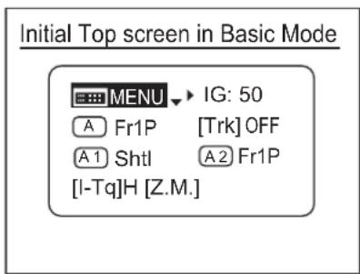 Initial Top screen in Basic Mode MENU IG: 50 A Fr1P [Trk] OFF A1 Shtl A2 Fr1P [I-Tq]H [Z.M.]