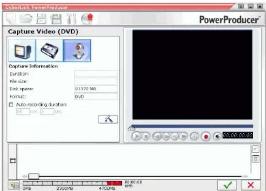 CyberLink PowerProducer Capture Video (DVD) Capture Information Duration: File size: Disk space: 21370 MB Format: DVD Auto-recording duration: 50 min 0 sec 00:00:00.00 0MB 2350MB 4700MB 0MB 00:00:00 0MB 2350MB 4700MB 0MB