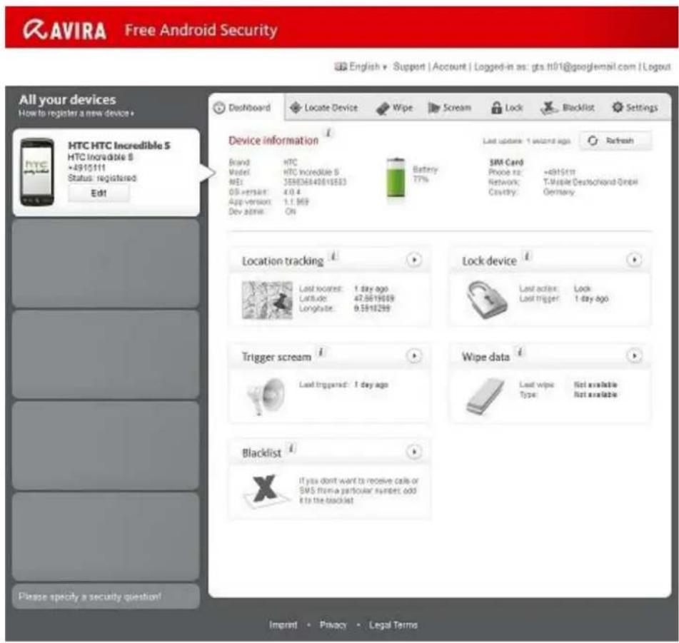 AVIRA Internet Security - The Dashboard of Avira Free Android Security Web Console - 1