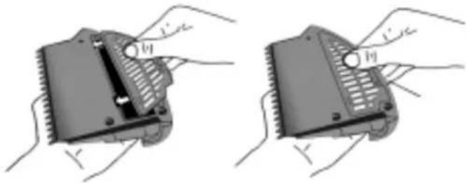 Diagram showing two hands holding a device with labeled parts 'I' and 'II', likely illustrating a mechanical or electrical component assembly.