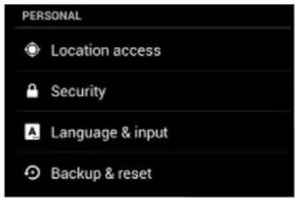 PERSONAL Location access Security Language & input Backup & reset