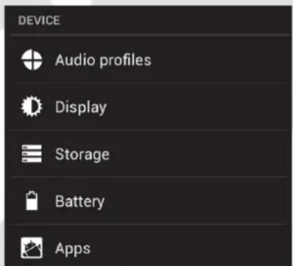 DEVICE Audio profiles Display Storage Battery Apps