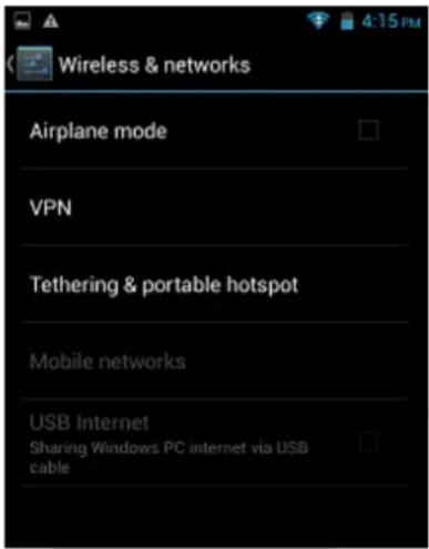 Wireless & networks Airplane mode VPN Tethering & portable hotspot Mobile networks USB Internet Sharing Windows PC internet via USB cable
