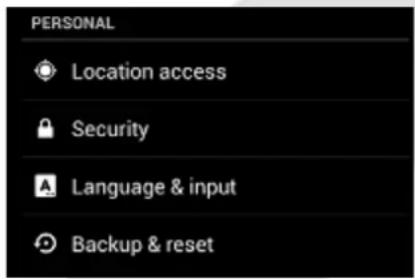 PERSONAL Location access Security Language & input Backup & reset