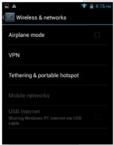 Wireless & networks Airplane mode VPN Tethering & portable hotspot Mobile networks USB Internet Sharing Windows PC internet via USB cable