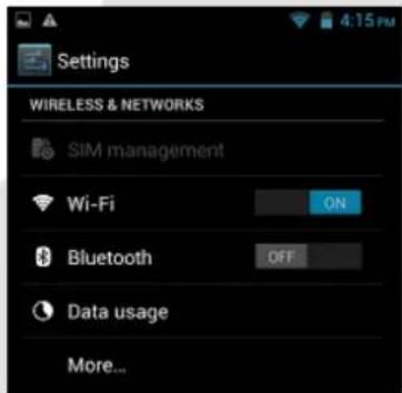 Settings WIRELESS & NETWORKS SIM management Wi-Fi ON Bluetooth OFF Data usage More...