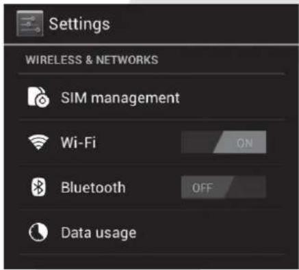 Settings WIRELESS & NETWORKS SIM management Wi-Fi ON Bluetooth OFF Data usage