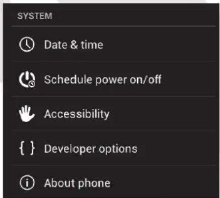 SYSTEM Date & time Schedule power on/off Accessibility { } Developer options About phone