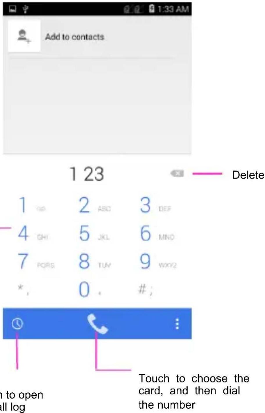 Add to contacts 1 23 Delete 1 2 ABC 3 DEF 4 5 JKL 6 MNO 7 8 TUV 9 WXY2 * , 0 # ; a to open ll log Touch to choose the card, and then dial the number