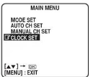 MAIN MENU MODE SET AUTO CH SET MANUAL CH SET F CLOCK SET [▲▼] → OK [MENU] : EXIT