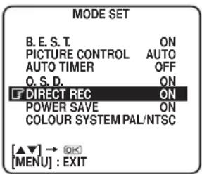 MODE SET B. E. S. T. ON PICTURE CONTROL AUTO AUTO TIMER OFF O. S. D. ON DIRECT REC ON POWER SAVE ON COLOUR SYSTEM PAL/NTSC [▲▼] → OK [MENU] : EXIT