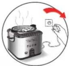 Illustration showing a rice cooker with steam rising, accompanied by a hand holding a power outlet, with a red arrow indicating cooling.