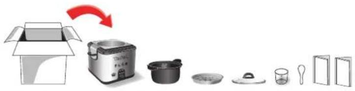 Diagram showing a cooking process with an open box, rice cooker, kitchenware, and storage compartments