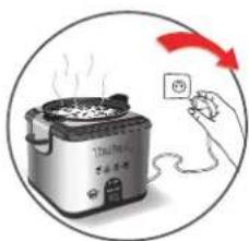 Illustration showing a cooking appliance with steam rising, accompanied by a hand holding a power outlet and a red arrow indicating cooling.