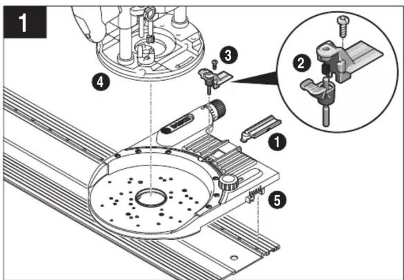 Technical diagram showing assembly steps of a mechanical device with numbered components and an inset close-up highlighting a specific component.
