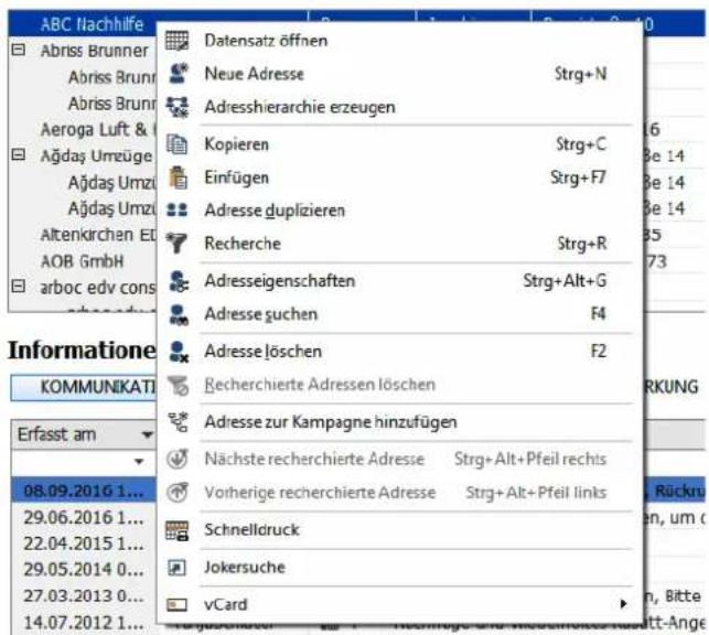 COBRA Adress PLUS 2017 - Kontextmenü für die Adresstabelle - 1