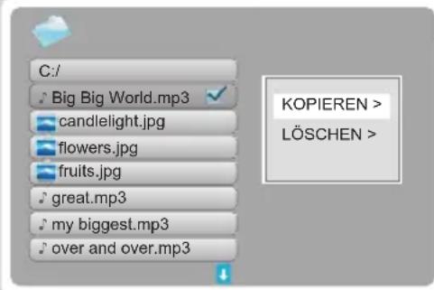 C:/ Big Big World.mp3 candlelight.jpg flowers.jpg fruits.jpg great.mp3 my biggest.mp3 over and over.mp3 KOPIEREN > LÖSCHEN >