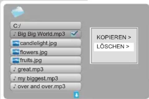 C:/ Big Big World.mp3 candlelight.jpg flowers.jpg fruits.jpg great.mp3 my biggest.mp3 over and over.mp3 KOPIEREN > LÖSCHEN >