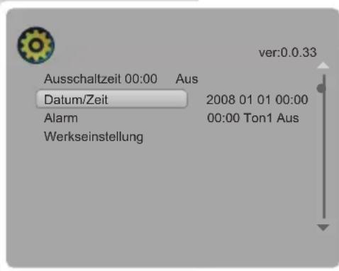 Ausschaltzeit 00:00 Aus Datum/Zeit 2008 01 01 00:00 Alarm 00:00 Ton1 Aus Werkseinstellung