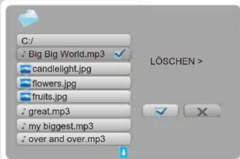 C:/ Big Big World.mp3 candlelight.jpg flowers.jpg fruits.jpg great.mp3 my biggest.mp3 over and over.mp3 LÖSCHEN >