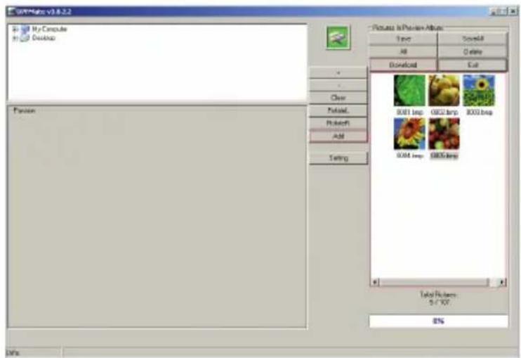 My Computer Desktop Pictures in Picture Units Time Send all Add Delete Download Cut Piased... Piotelet Add Sowing 8001.bmp 0002.bmp 8003.bmp 8004.bmp 8005.bmp Total Pictures: 5 x 107 8%