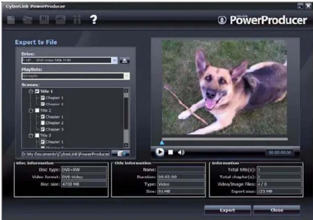 CyberLink PowerProducer ? PowerProducer Export to File Drive: HP DVD Video 140k 110K Playlists: File Player Scenes: Title 1 Chapter 1 Chapter 2 Title 2 Chapter 1 Chapter 2 Chapter 3 Title 3 Chapter 1 D:\My Documents\CyberLink\PowerProducer 06:00:00:00 Disc information Disc type: DVD+RW Video format:…