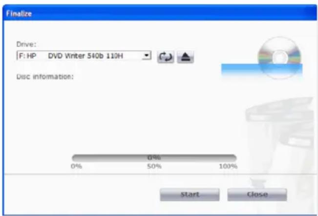Finalize Drive: F: HP DVD Writer 540b 110H Disc information: Start Close