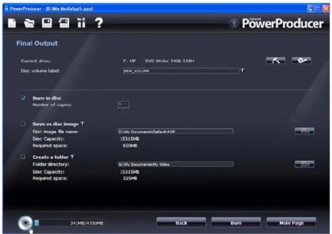 PowerProducer - [D:\My media\pp5.ppp] Final Output Current drive: F: HP DVD Writer 540b 110H Disc volume label: NEW VOLUME Burn to disc Number of copies: Save as disc image ↑ Disc image file name: D:\My Documents\Default 80F Disc Capacity: 15315MB Required space: 650MB Create a folder ↑ Folder direc…