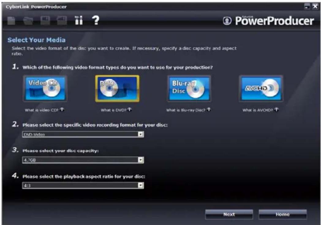 CyberLink PowerProducer Select Your Media Select the video format of the disc: you want to create. If necessary, specify a disc capacity and aspect ratio. 1. Which of the following video format types do you want to use for your production? Video CD What is video CD? DVD What is DVD? Blu-ray Disc Wha…