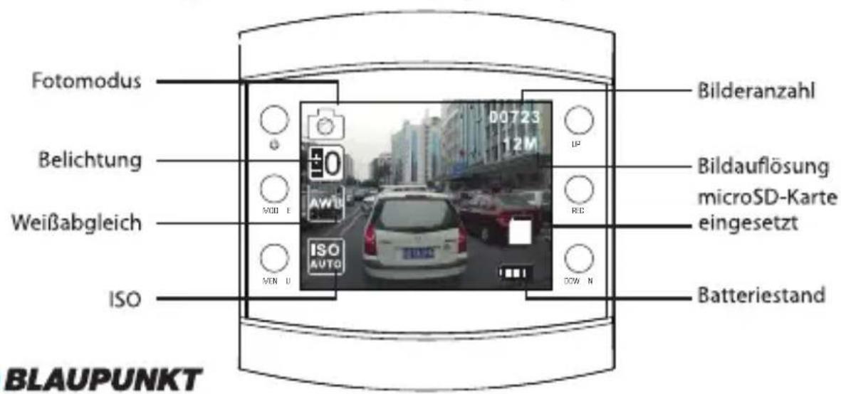 Fotomodus Belichtung Weißabgleich ISO BLAUPUNKT DOW N Batteriestand Bildauflösung microSD-Karte eingesetzt Bilderanzahl 00723 12M LED ISO AUTO VIN U VDD E ISO BDAUFLÖSUNG microSD-Karte eingesetzt
