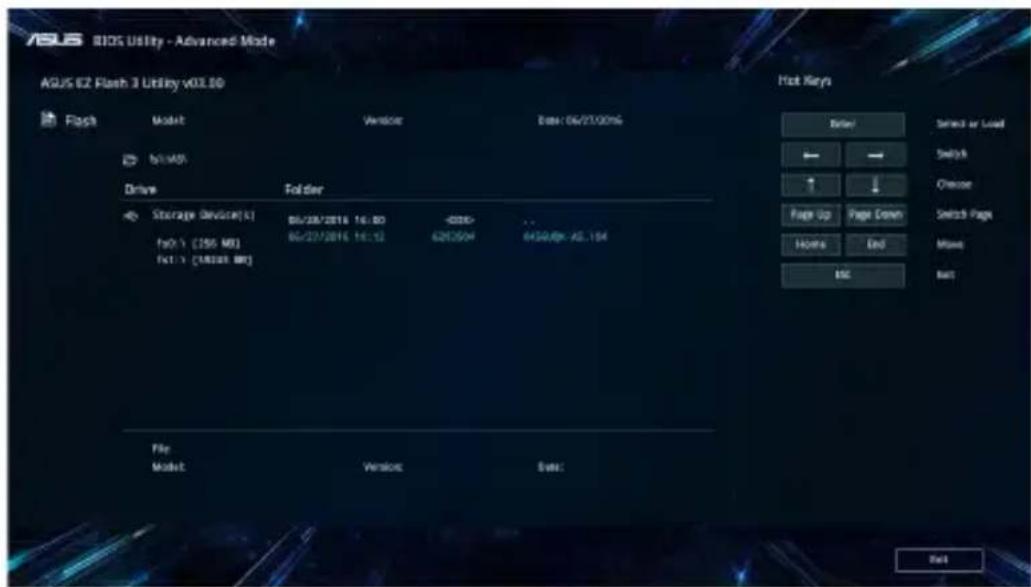 ASUS BIOS Utility - Advanced Mode AGUS 62 Flash 3 Utility v03.00 Flash Model Version Date: 04/27/00% Drive Folder Storage Device(s) 86/28/2016 16:00 -0350- 86/22/2016 16:12 6252504 0430/04-AS.194 File Model Version Date: Hot Keys Enter Select or Load Switch Close Page Up Page Down Switch Page Home End Main HSC Back