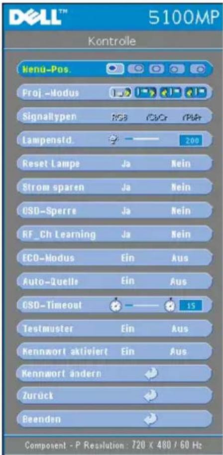 Dell™ 5100MP Kontrole Menu-Pos. Proj.-Modus Signallypen Lampensid. Reset Lampe Strom sparen OSD-Sperre RF_Ch Learning ECO-Modus Auto-Quelle OSD-Timeout Testmuster Kennwort aktiviert Kennwort ändern Zurück Beenden Component - P Resolution: 720 x 480 / 60 Hz