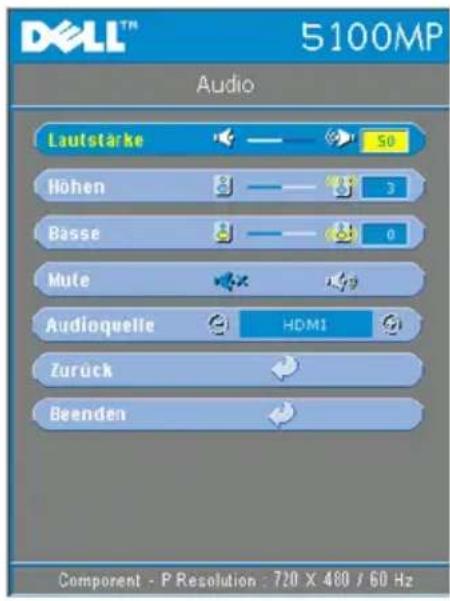 DELL™ 5100MP Audio Lautstärke 50 Höhen 3 Basse 0 Mute Audioquelle HDMI Zurück Beenden Component - P Resolution : 720 X 480 / 60 Hz