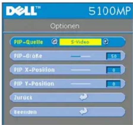 DELL™ 5100MP Optionen PIP-Quelle S-Video PIP-GroRe 50 PIP X-Position 0 PIP Y-Position 0 Zurück Beenden