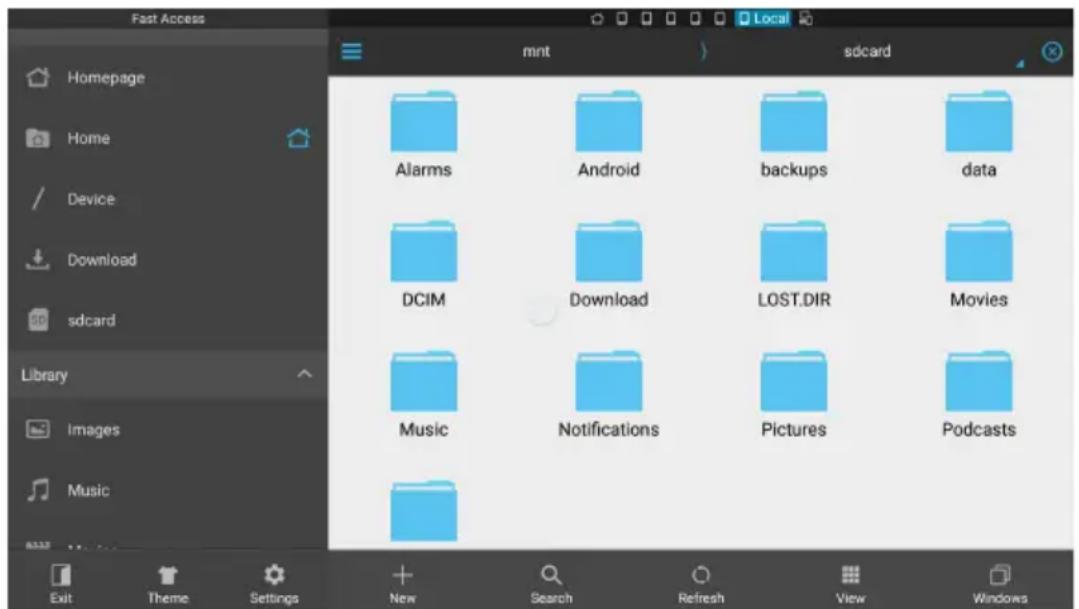Fast Access Homepage Home Device Download sdcard Library Images Music Exit Theme Settings mnt sdcard Alarms Android backups data DCIM Download LOST.DIR Movies Music Notifications Pictures Podcasts + Search Refresh View Windows