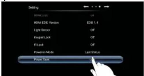 Setting HDMI Class Off HDMI EDVD Version EDVD 1.4 Light Sensor Off Keypad Lock Off Ri Lock Off Powerset Mode Last Status Power Set Off
