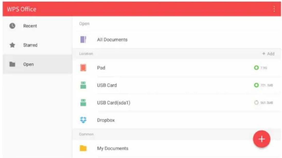 WPS Office Recent Starred Open All Documents Location + Add Pad 7.9G USB Card 721.1MB USB Card(sda1) 961.5MB Dropbox Common My Documents