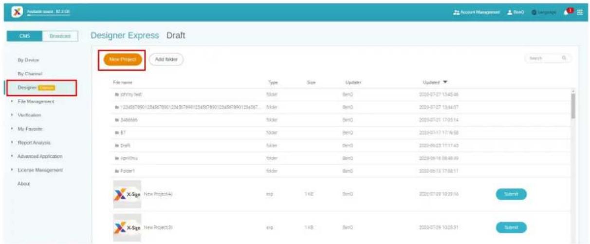 BENQ PL490 - All the projects you create with Designer Express will store in the draft list. Media Library, which store the assets, can accelerate your design. Click New Project to go to the designer express template editing page. - 1