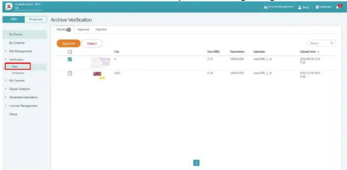 BENQ PL490 - Go to Verification > Files to check the files uploaded via X-Sign Designer. - 1